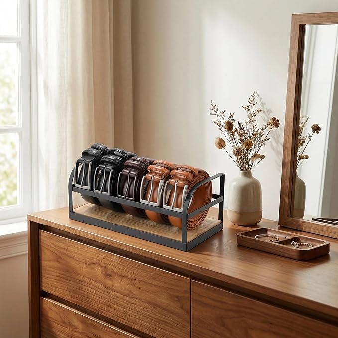 Belt Organizer - Belt Storage for Closet Drawer Dresser Wood Belt Rack Display, 5 Compartments, Gift for Man