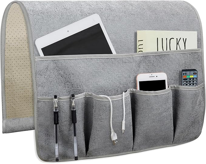 NB Sofa Armrest Organize Remote Holder Bedside Caddy Organizer With 5 Pockets，Non-Slip Couch Remote Control Holder Couch Armchair Caddy Accessories (Gray, 35''X18'')