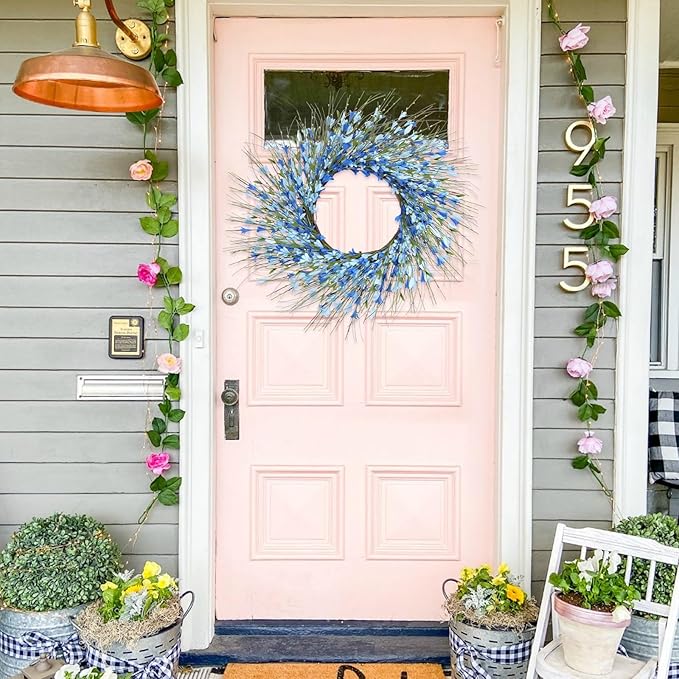 GTIDEA Summer Wreaths for Front Door, 24 Inch Blue Floral Wreath with Grapevine Base, Silk Forsythia Flowers Wreath for Everyday Farmhouse Door Decor Porch Wall Window Indoor Outdoor