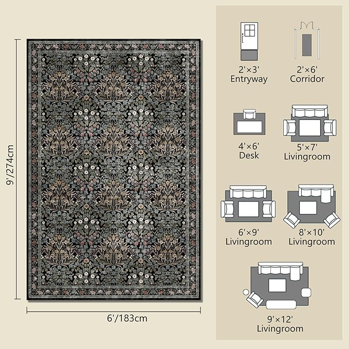 Traditional Design Vintage Floral Area Rug 6 x 9,Washable Area Rugs - Perfect for Living Room, Bedroom, Pet & Child Friendly, Nursery - Stain & Water Resistant Non-Slip, Dining Room Decor