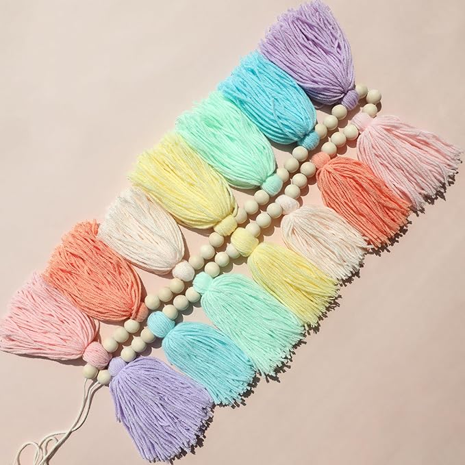 DCJHFJ Pastel Rainbow Boho Tassel Garland Wall Hanging with Wood Beads for Baby Shower Birthday Party Classroom Dorm Nursery Decor