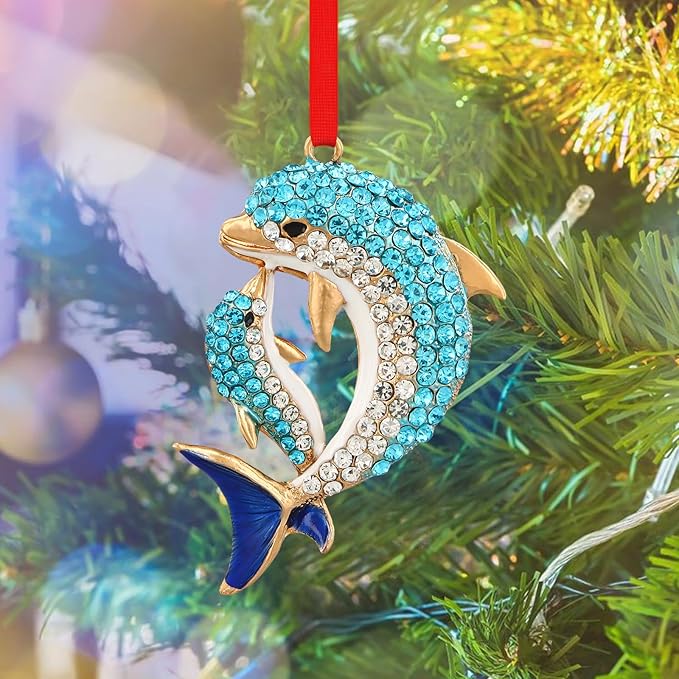 SICOHOME Dolphin Ornaments for Christmas Tree - Coastal Sea Ocean Hawaii Beach Themed Christmas Hanging Ornament with Rhinestones for Christmas Tree Gifts for Ocean Lover, Nautical Enthusiast - Blue