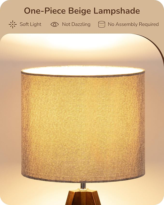 EDISHINE Boho Small Table Lamp, Walnut Color Wooden Tripod Bedside Lamp, Farmhouse Nightstand Lamp for Nursery, Bedroom, Office, Kid Room, Living Room, Grey Linen Lampshade, E26 Socket, 14.2 Inch