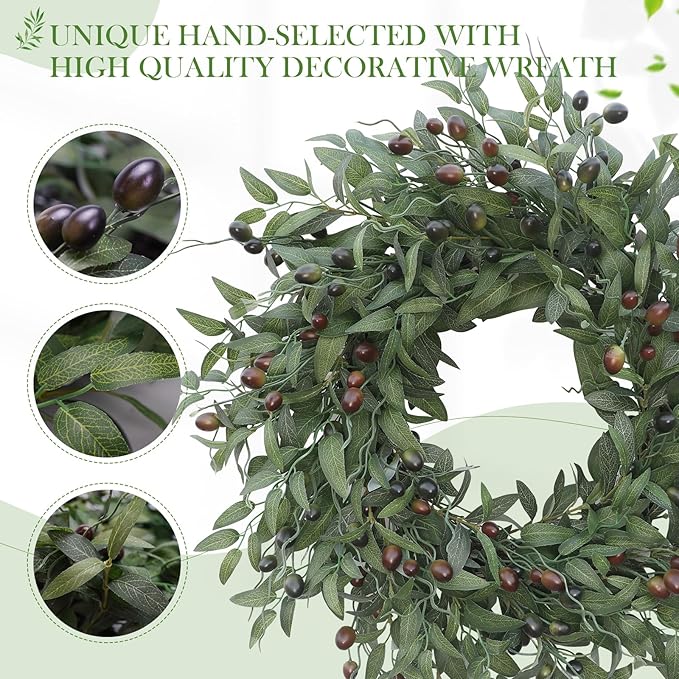Olive Wreath 26 Inch Wreaths for Front Door with Purely Handmade Realistic Dense Olive Leaf Olive Berry, Elegant Home Decor Wreath Ideal for Front Door, Hallways, Any Area You Want to Brighten