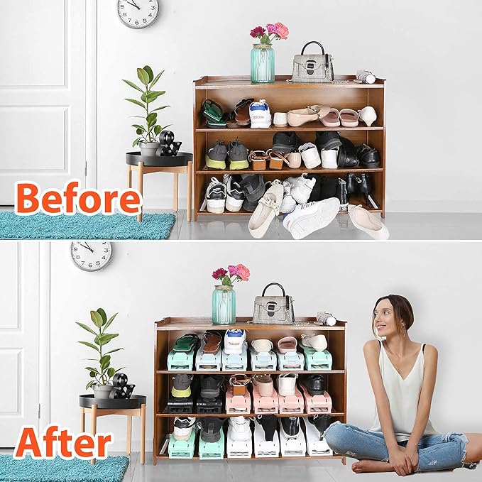YIHATA Shoe Slots Organizer, Adjustable Shoe Stacker Storage Space Saver, Double Deck Shoe Rack Holder for Closet Organization, Thickening Quality Upgrade (16Pack, Black)