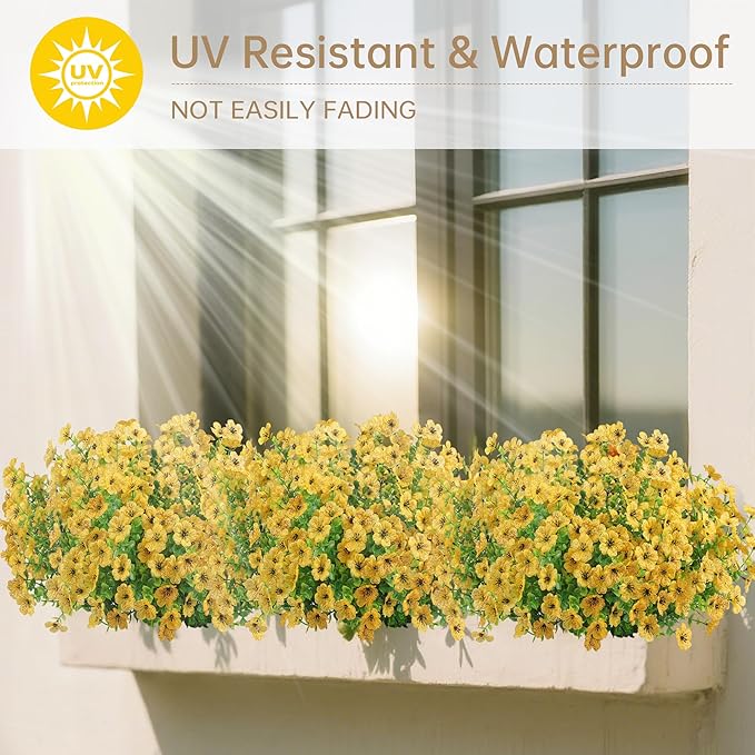 Artificial Faux Flowers Plants for Outdoors Outside Spring Summer Decoration,12 Bundles Realistic Fake Flowers Plant Greenery Silk Daisy UV Resistant Planters Balcony Porch Patio Garden Home（Yellow）