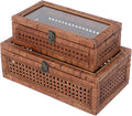 DECOR4SEASON Rattan and Cane Stacking Boxes with Glass Top Lid - Set of 2 11.8" and 14.1", for Boho and Rustic Farmhouse Decor, Brown