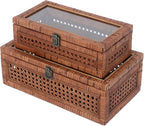 DECOR4SEASON Rattan and Cane Stacking Boxes with Glass Top Lid - Set of 2 11.8" and 14.1", for Boho and Rustic Farmhouse Decor, Brown