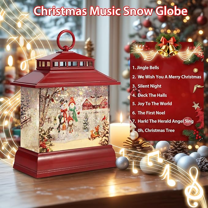 Christmas Snow Globe Lantern Water Glittering Lantern with 8 Songs & 6H Timer Romote Control Christmas Snow Globes USB & Battery Operated for Christmas Festival Decorations Gifts (Snowman Family)
