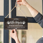 Wall Pediments Shoes Off Sign,Shoes Off Sign for Front Door,Since Little Fingers Touch Our Floor Door Sign,Shoes Off Hanging Welcome Sign for Front Door,10x8 Inches，Wood Grain-4