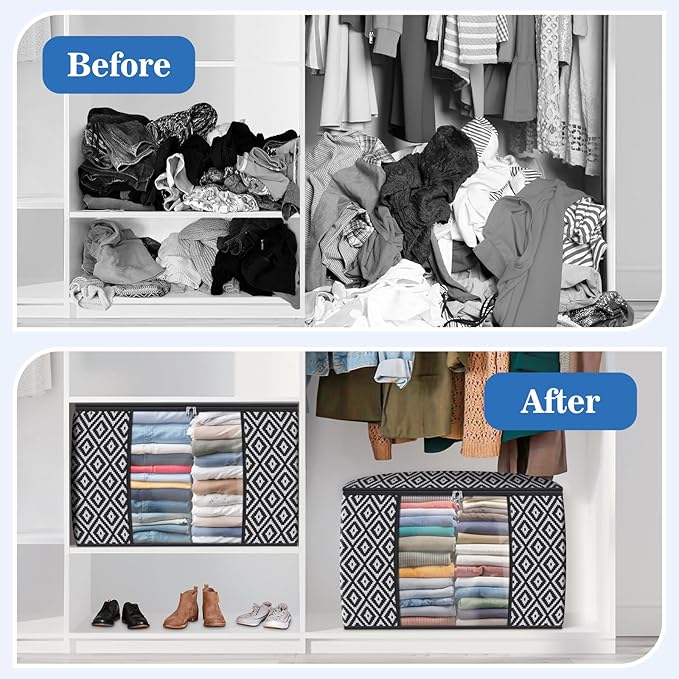 Direct 100L, 4 Pack, Storage Containers, Large Clothes Storage Bins Foldable Organization and Storage Bags with Reinforced Handle, Clear Window for Bedding, Blankets, Clothing, Black