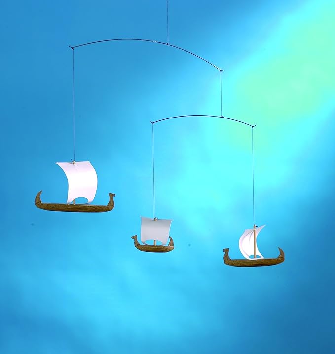 Viking Ships 3 Hanging Mobile - 15 Inches - Teak - Handmade in Denmark by Flensted