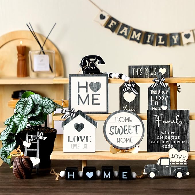 Mifoci 18 Pcs Farmhouse Tiered Tray Decor Home Wooden Signs Rustic Home Tiered Tray Decorations Sweet Vintage House Tabletop Table Centerpiece Black White Block for Kitchen Table Housewarming