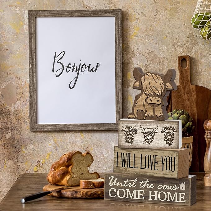 Moucuny 4 Pcs Highland Cow Table Decorations Rustic Western Tiered Tray Decor Decorative Highland Cow Block Signs Western Tabletop Centerpieces Farmhouse for Home Desk Room Kitchen Shelf Decor