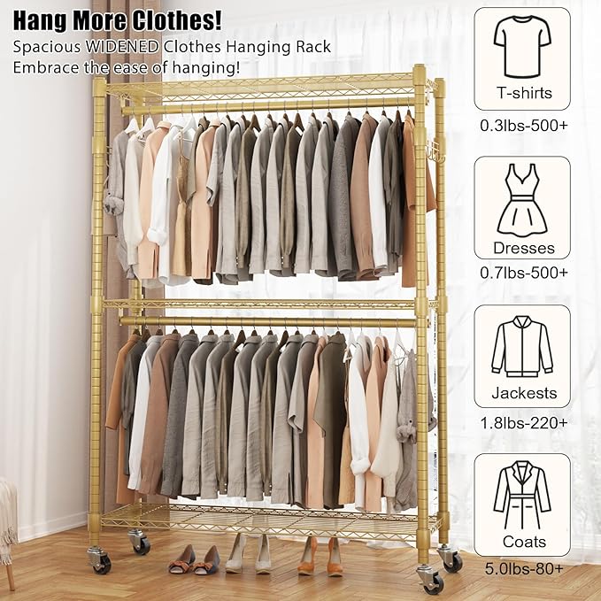 BATHWA Heavy Duty Garment Rack on Wheels, Rolling Clothes Racks for hanging clothes, Modern Closet Wardrobe Clothing Rack with 8 Side Hangers, Gold