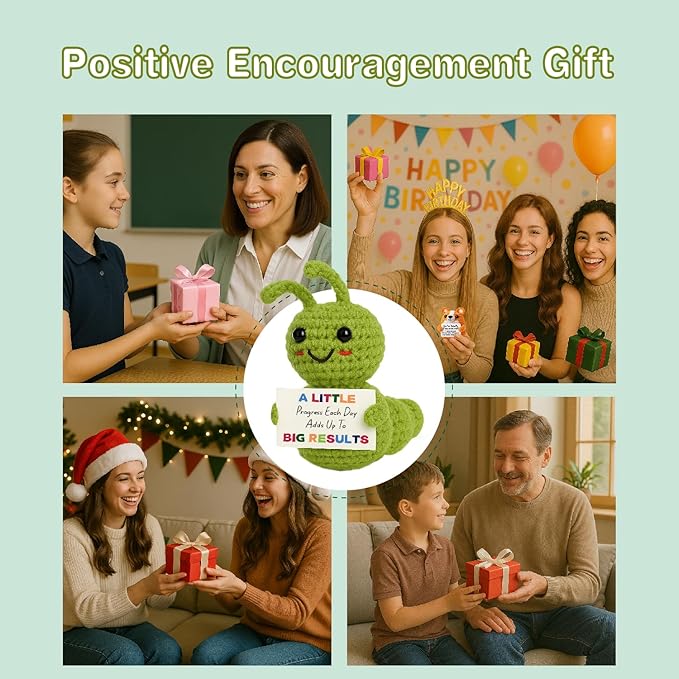 Mini Positive Progress Caterpillar – Motivational Crochet Doll for Kids Teens Adults, Small Encouragement Gifts for Students, Back to School Study Desk Decor, Uplifting Plush Reminder