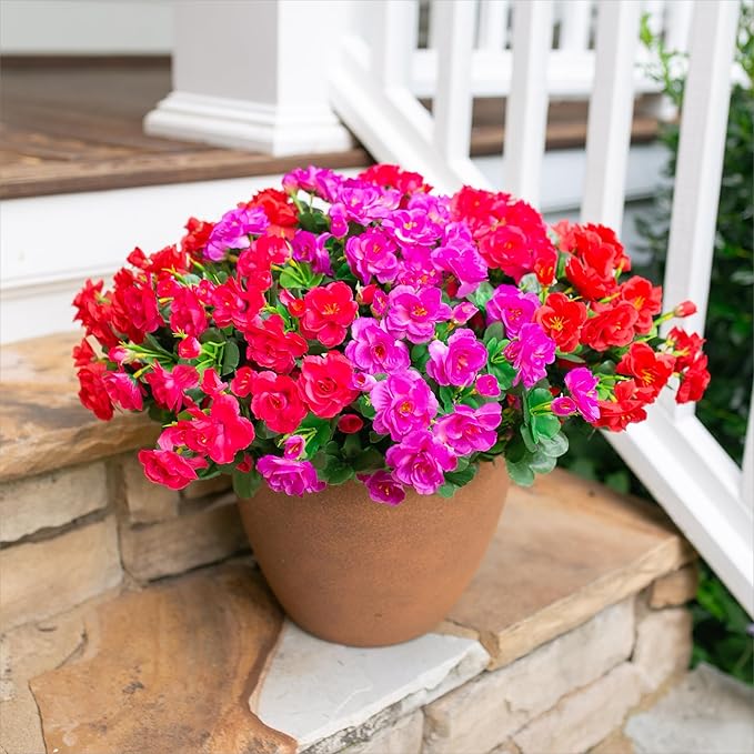 HyeFlora Artificial Faux Outdoor Outside Flowers Plants for Spring Decor, Fake Silk Colorful Camellia UV Resistant Look Real for Planter Front Door Porch Patio Balcony Decoration, 3 Large Bundles