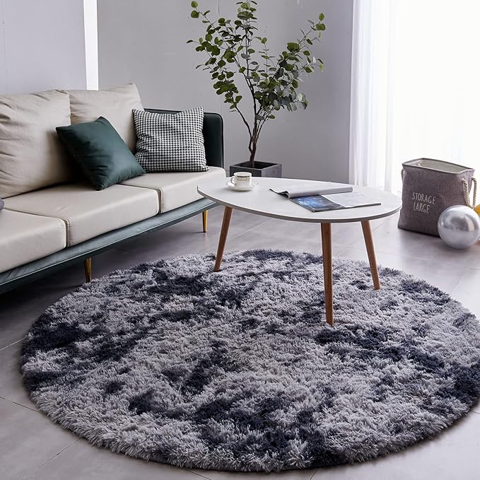 FJZFING Tie-Dyed Dark Grey Round Rug Ultra-Soft Plush Modern 7x7 Circle Area Rug for Kid's Bedroom, Fluffy Shag Circular Rug for Nursery Room, Non-Slip Tie-Dyed Dark Grey Rug for Teen's Room