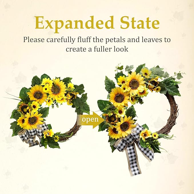 20 Inch Sunflower Spring Summer Wreath for Front Door, Artificial Sunflower Wreath with Green Leaves, Modern Farmhouse Wall Wedding Home Indoor Outdoor Decor
