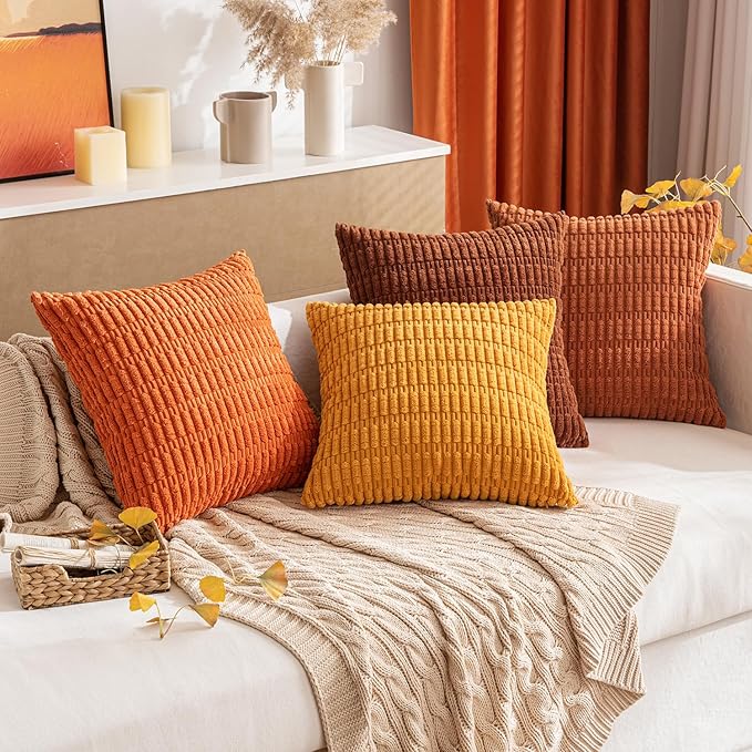MIULEE Pack of 2 Orange Corduroy Decorative Pillow Covers 18x18 Inch Soft Boho Striped Throw Pillow Covers Modern Farmhouse Home Decor for Halloween Thanksgiving Summer Sofa Living Room Couch Bed