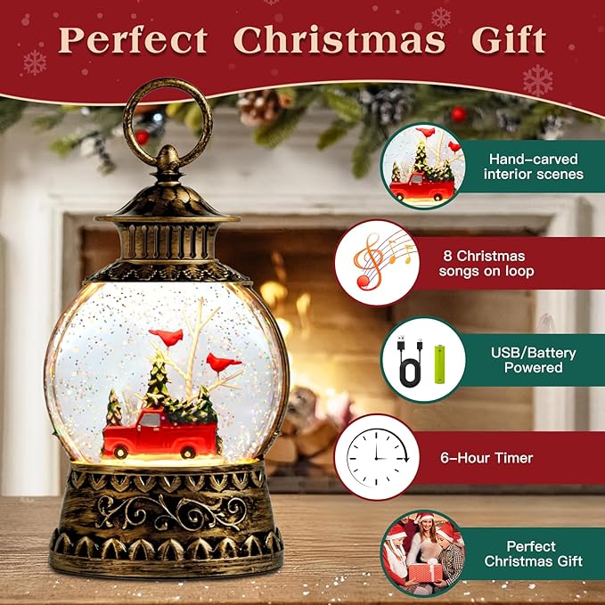 Christmas Snow Globe, Red Truck Musical Snow Globe Lantern Lights with 6H Timer Battery & USB Powered, Retro Style Holiday Glitter Globe for Xmas Home Decoration Holiday Party Gifts