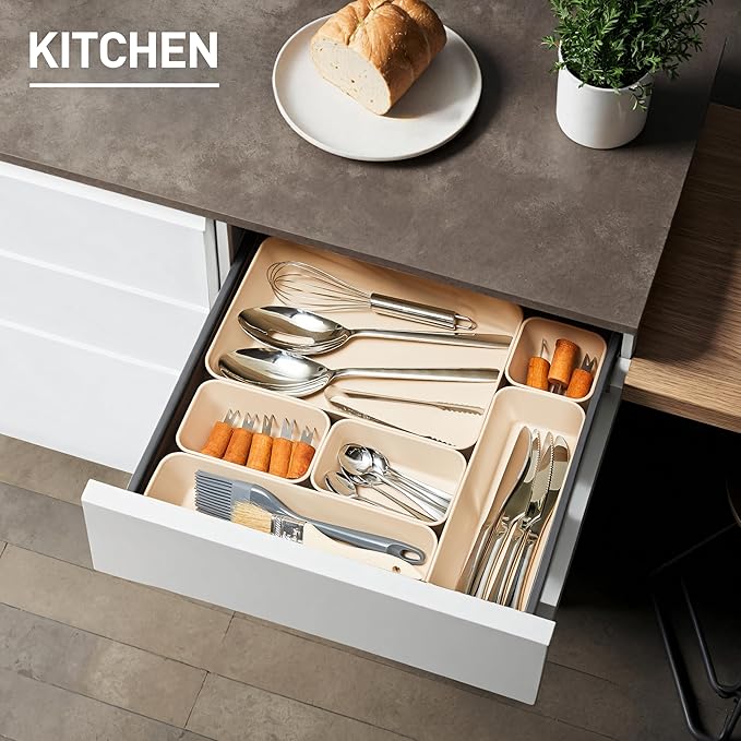ISSEVE 8Pcs Nesting Silicone Drawer Organizer Trays, 4 Size Versatile Vanity Bathroom & Desk Drawer Organizer Set Storage Bins for Office,Kitchen,Nightstand,White