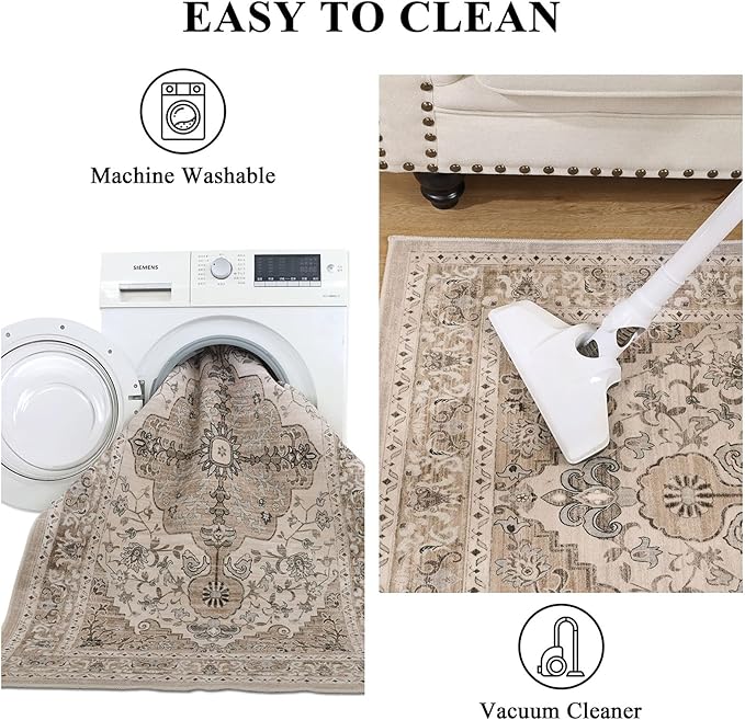 U'Artlines Boho Vintage Area Rug 5x7 Machine Washable Low Pile Soft Floor Carpet Non Slip Non Shedding Accent Rug for Living Room Bedroom Entryway Dining Room Office Beige＆Brown