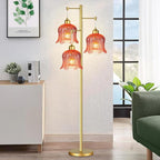 QIYIZM Pink Floor Lamp for Living Room,Bedroom,Gold Mid Century Modern Standing Lamp Brass Tree 3 Light Tall Floor Lamps Floor Lights Glass Flower Lamp Shade Girls Kids Boho Bohemian