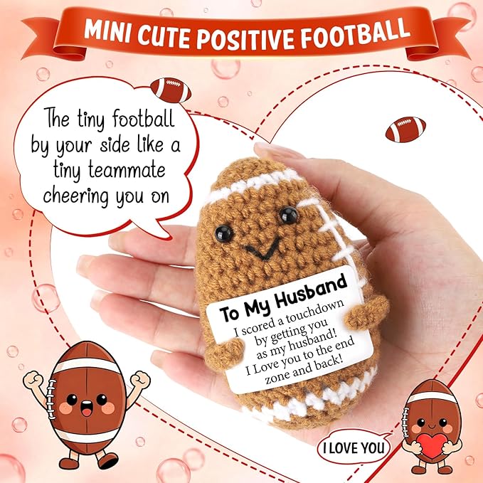 Belatelove Fathers Day Birthday Gifts for Husband from Wife, Handmade Crochet Football with Inspirational Card, I Love You Wedding for Husband Desk Decor