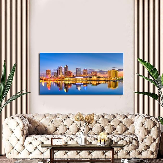 AIYISU Florida Wall Art Tampa Downtown Skyline Canvas Picture USA City Landscape Wall Decor, Modern Cityscape Painting Night River Prints Poster Artwork for Living Room Bedroom Home Decoration 24x48