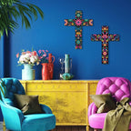 Pinkunn 2 Pcs Mexican Floral Cross Wall Decor Mexican Wall Art Hand Painted Decorative Inspirational Wooden Floral Cross Spanish Crucifix Decor for Home Room Church Decoration