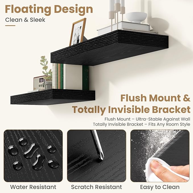 FLYJOE 48 Inch Long Floating Shelves for Wall Set of 1, 12" D Wood Grain Bathroom Shelves with Invisible Brackets, Easy Install Engineered Wood Storage Shelves for Kitchen, Living Room, Bedroom