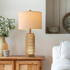 OYEARS 25" Table Lamps Set of 2 with Night Light,Bedside Lamps for Bedroom,Boho Lamps with USB C+A Charging Ports,Farmhouse Table Lamp with Rattan,Frosted Glass,Linen Shade (Wood Grain,Bulb Included)
