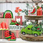 Watermelon Decor Mini Vintage Green Metal Pickup Truck with 6 Realistic Resin Mini Watermelons, Rustic Farmhouse Tiered Tray Decor for Kitchen Table, Happy Summer Party Home Decoration