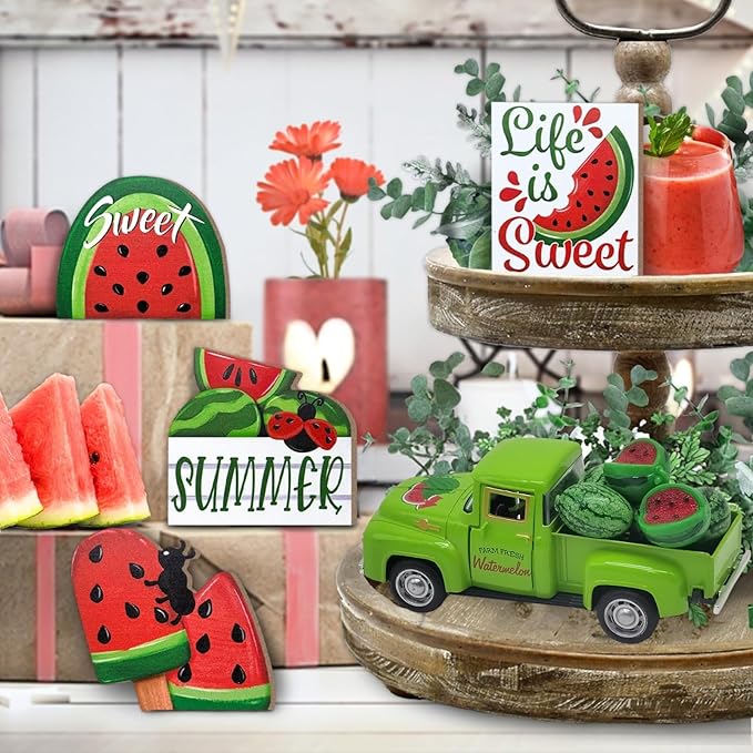 Watermelon Decor Mini Vintage Green Metal Pickup Truck with 6 Realistic Resin Mini Watermelons, Rustic Farmhouse Tiered Tray Decor for Kitchen Table, Happy Summer Party Home Decoration