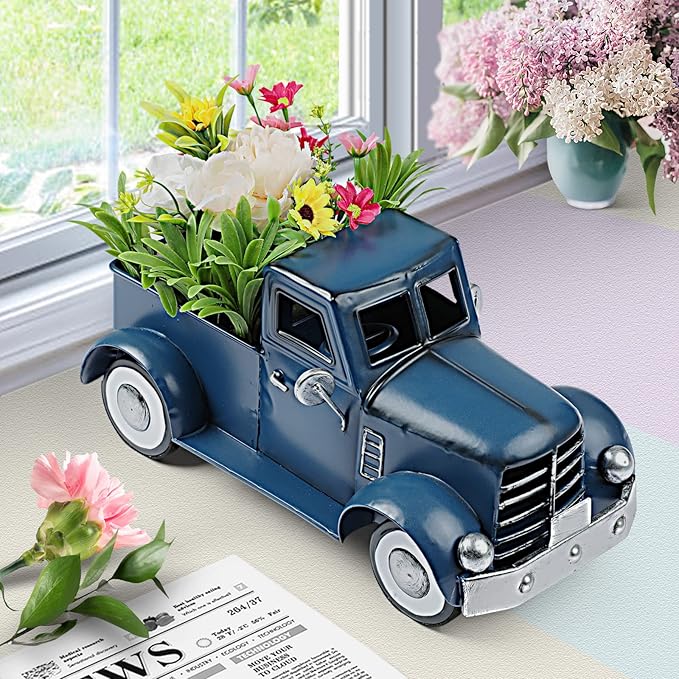 Farmhouse Blue Truck Tabletop Decor, Vintage Car Trucks Decorations for Indoor and Outdoor, Farm Pick-up Shelf Decors, Decorative Desktop Storage