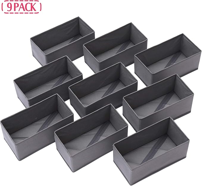 DIOMMELL 9 Pack Foldable Cloth Storage Box Closet Dresser Drawer Organizer Fabric Baskets Bins Containers Divider for Clothes Underwear Bras Socks Lingerie Clothing, M Grey 090