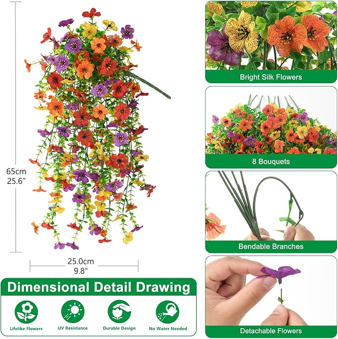 Homsunny Artificial Hanging Flowers for Outdoor, 8PCS Fake Flowers Faux Silk Daisy with Eucalyptus Leaves, UV Resistant Aritificial Outdoor Flowers for Spring Home Patio Balcony Yard Porch Decor