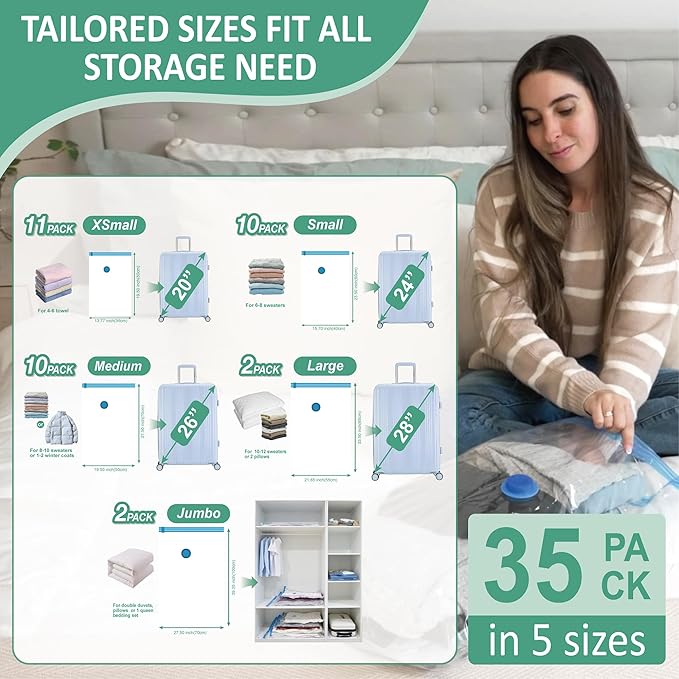 Cozy Essential Travel Vacuum Storage Bags with Rechargeable Cordless Electric Pump, Space Saver Bags for Luggage, Suitcase, Carry-On, for Clothes, Blankets, Comforters, Pillows, 35 Combo