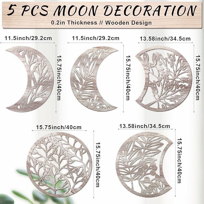 Jetec 5 Pcs Moon Phase Wall Art Decor Wall Pediments Hanging Wooden Phase Spiritual Bedroom Nordic Boho Lunar Aesthetic Art for Living Room Dorm Apartment Ornament(Retro Color,15.75 Inch,Botanical)