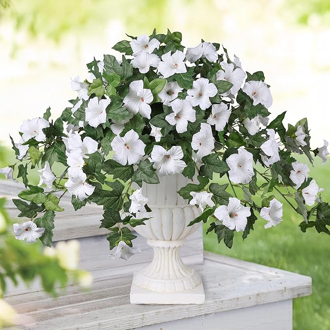 HyeFlora Artificial Flowers for Outdoors 2PCS Spring Faux Morning Glory Look Real Silk Flowers for Outside Planter UV Resistant Fake Flowers for Home Garden Balcony Yard Porch Deco (White)