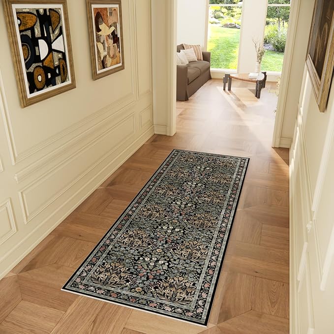Vintage Floral Area Rug Runner 2x6 Washable Ultra-Thin Boho Carpet for Hallway, Kitchen, Bedroom, Bathroom, Laundry Room
