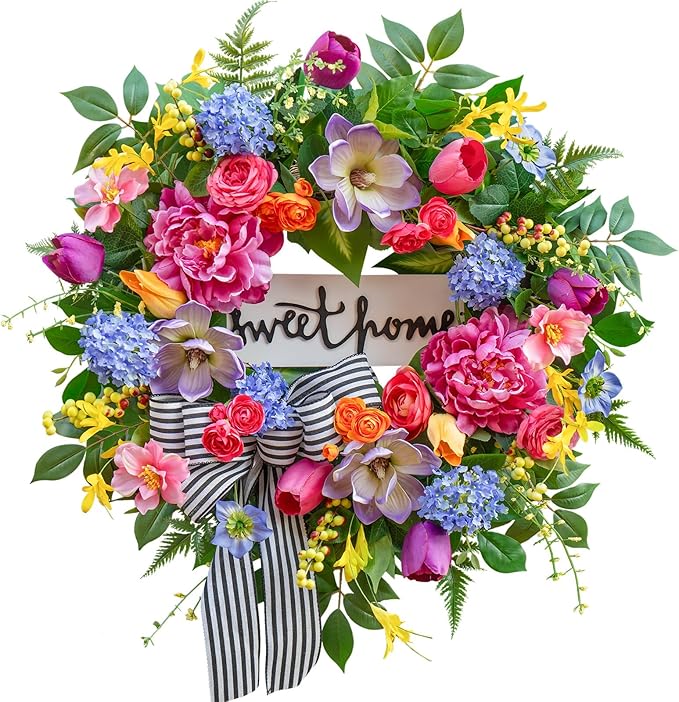 Pinkpuii Spring Wreaths for Front Door Outside– 24 Inch Spring Door Wreath with Pink Peonies, Roses,Blue Hydrangeas&Yellow Tulips,Colorful Welcome Summer Wreaths for Front Door Porch & Entryway Decor