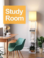 Floor Lamp with Shelves for Living Room White, Shelf Floor Lamp with 3 CCT LED Bulb, Corner Display Standing Column Lamp Etagere Organizer Tower Nightstand with White Linen Shade for Bedroom, Office
