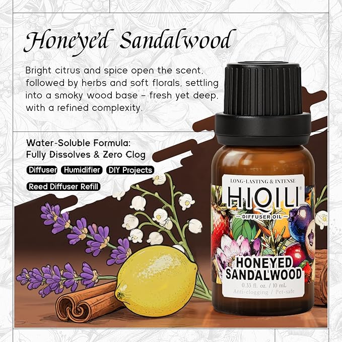HIQILI Honeyed Sandalwood Diffuser Oil for Car Air fresheners, Ultrasonic or Reed Diffuser, Relaxing & Cozy, Hotel Scent - 0.34 Fl Oz