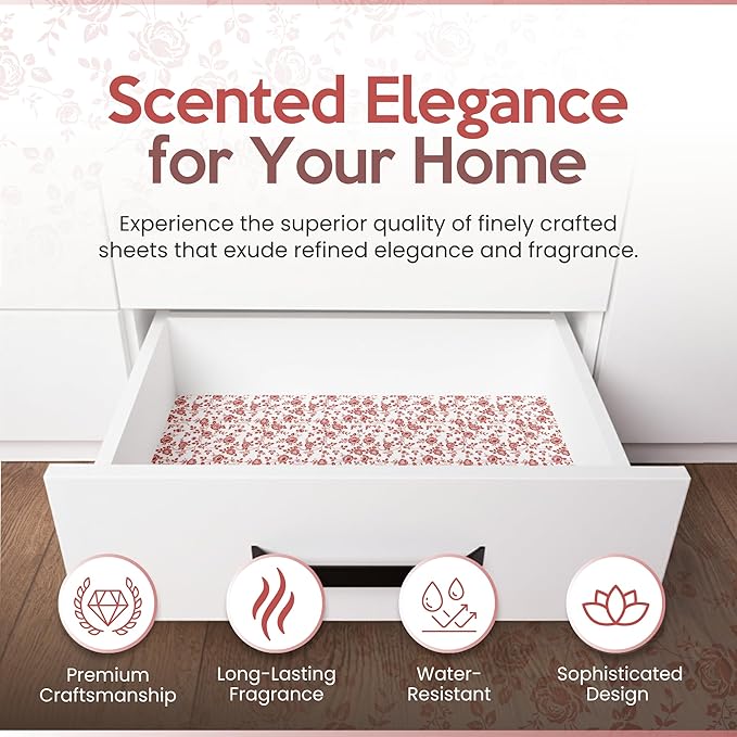 Rose Scented Drawer Liners for Dresser Drawers (10 Large Sheets, 19.7" x 14.4") - Non Adhesive Drawer Paper Liner for Bedroom Dresser & Closet Shelves by Linda’s Essentials