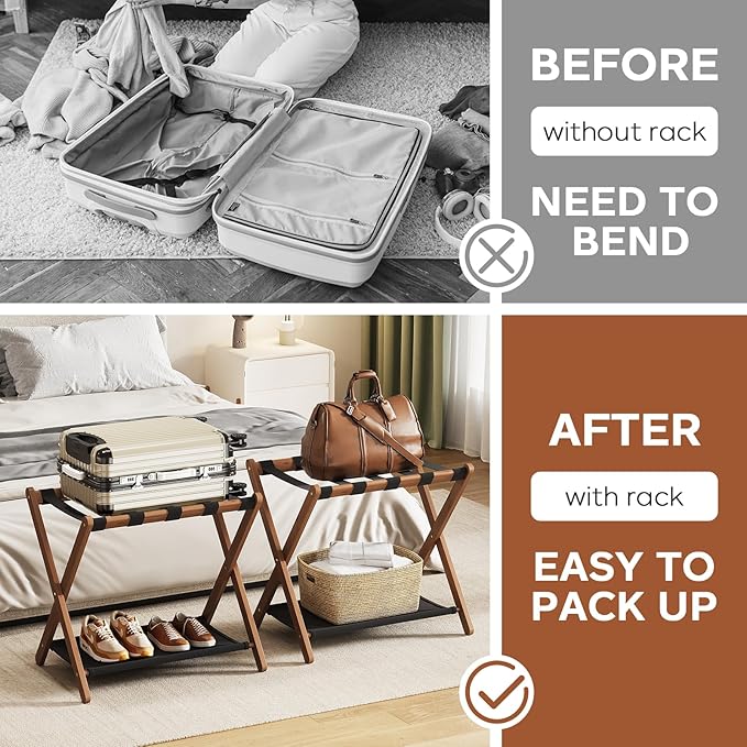 Fully Assembled Walnut Luggage Racks Set of 2, Bamboo 26.77" Luggage Rack Stand for Guest Room, 5 Nylon Straps, Foldable Suitcase Stand with Storage Shelf for Bedroom Hotel, Holds up to 165 Lbs
