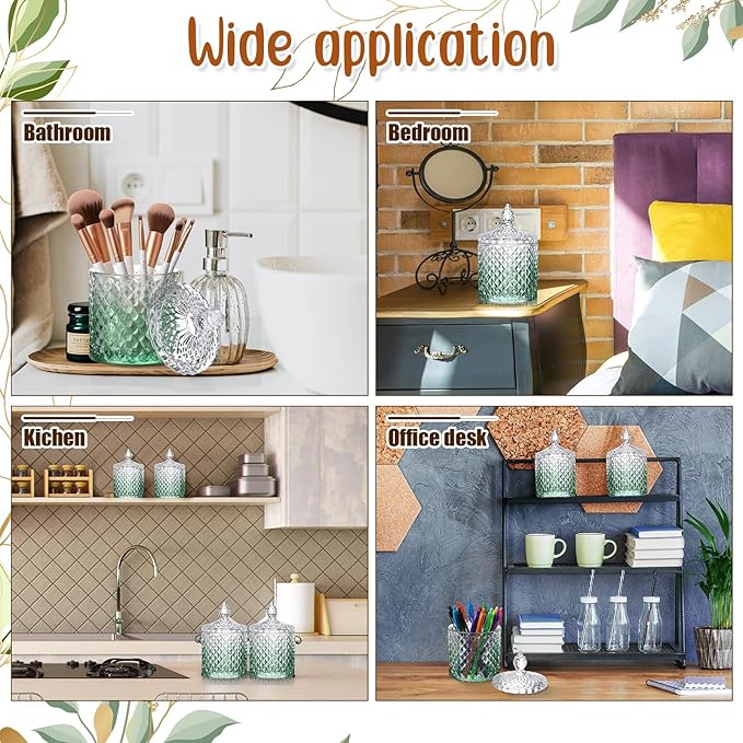 Aoriher 4 Pcs Crystal Glass Candy Jar Set with Lids Home Decorative Storage Jars for Apothecary, Bathroom, Kitchen, and Pantry, Ideal for Cotton Swabs and Jewelry (Medium,Gradient Green)