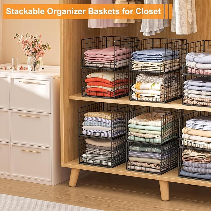 JKsmart 4-Tier Stackable Closet Organizer，Extra Large Clothing Cupboard Organizer System Clothes Storage Shelf- Closet Wardrobe Storage Bins for Jeans, Pants, Sweaters,Purse,t-Shirt Organization