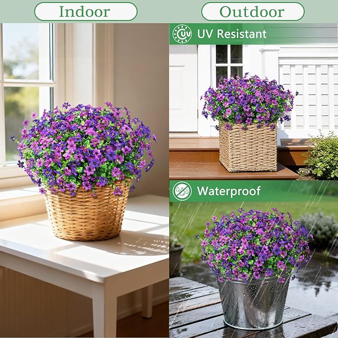 Artificial Flowers for Outdoors 12 Bundles Realistic Faux Silk Flower with Eucalyptus Stem, Fake Plants UV Resistant No Fade for Outside Planter Porch Patio Yard Window Garden Spring Summer Decoration
